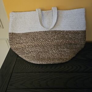 White and Brown Woven Tote Bag with Semi-Circular Design
